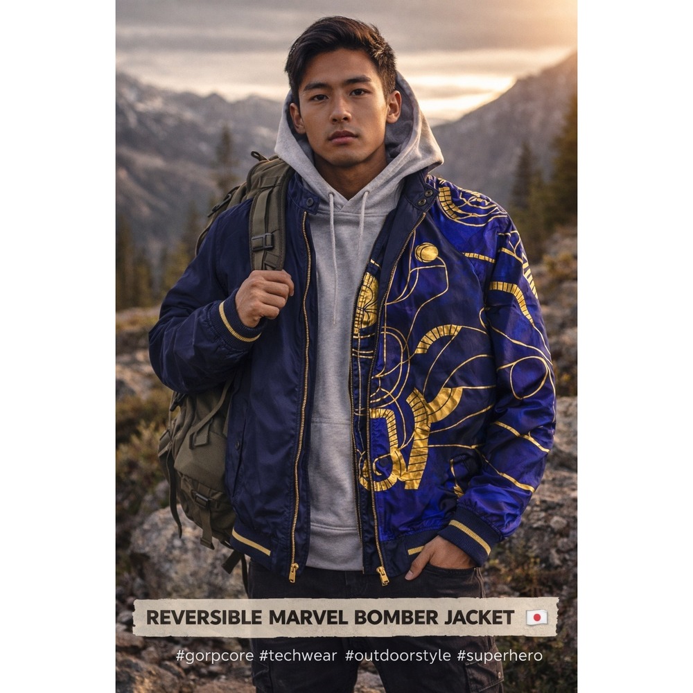 Marvel Reversible Bomber Jacket Blue Gold Graphic Full Zip Streetwear L
